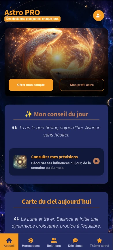 Accueil de l'application Astro PRO